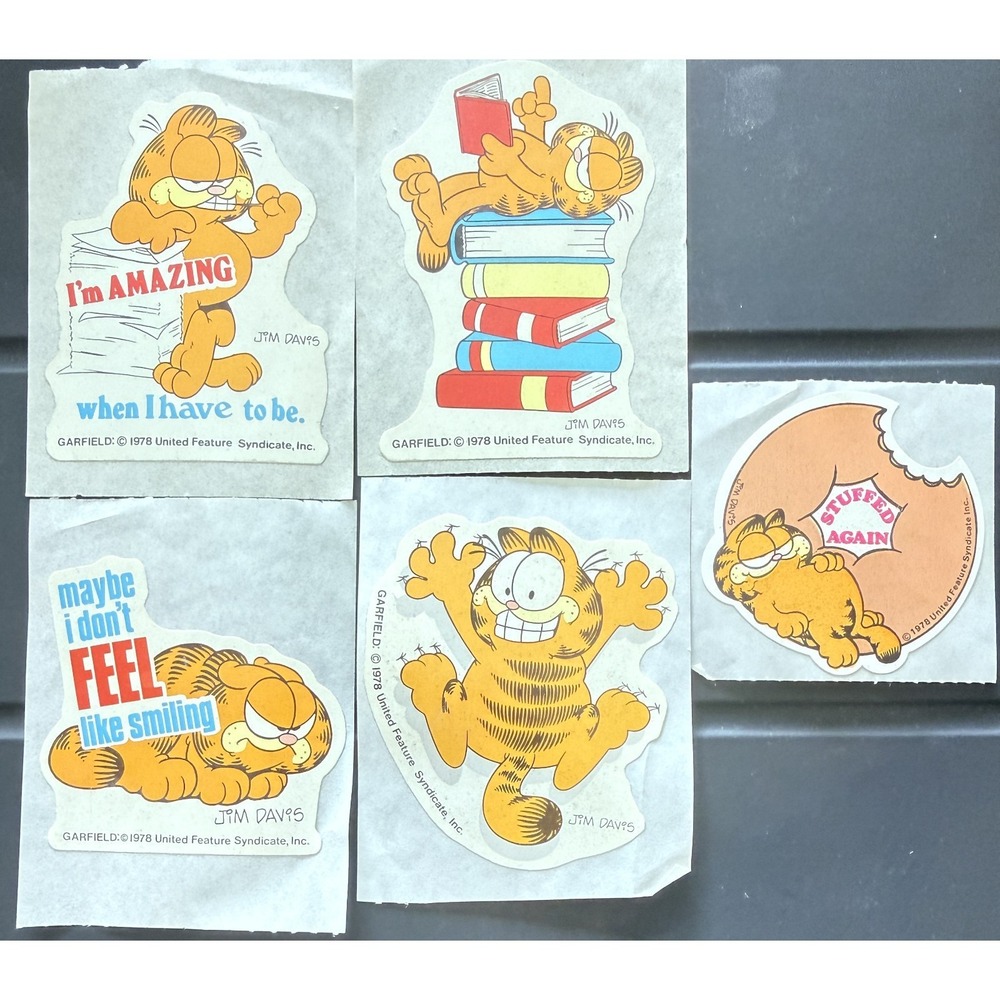 5 Vintage 1978 GARFIELD THE CAT Stickers - Jim Davis - Smile Amazing Books Donut